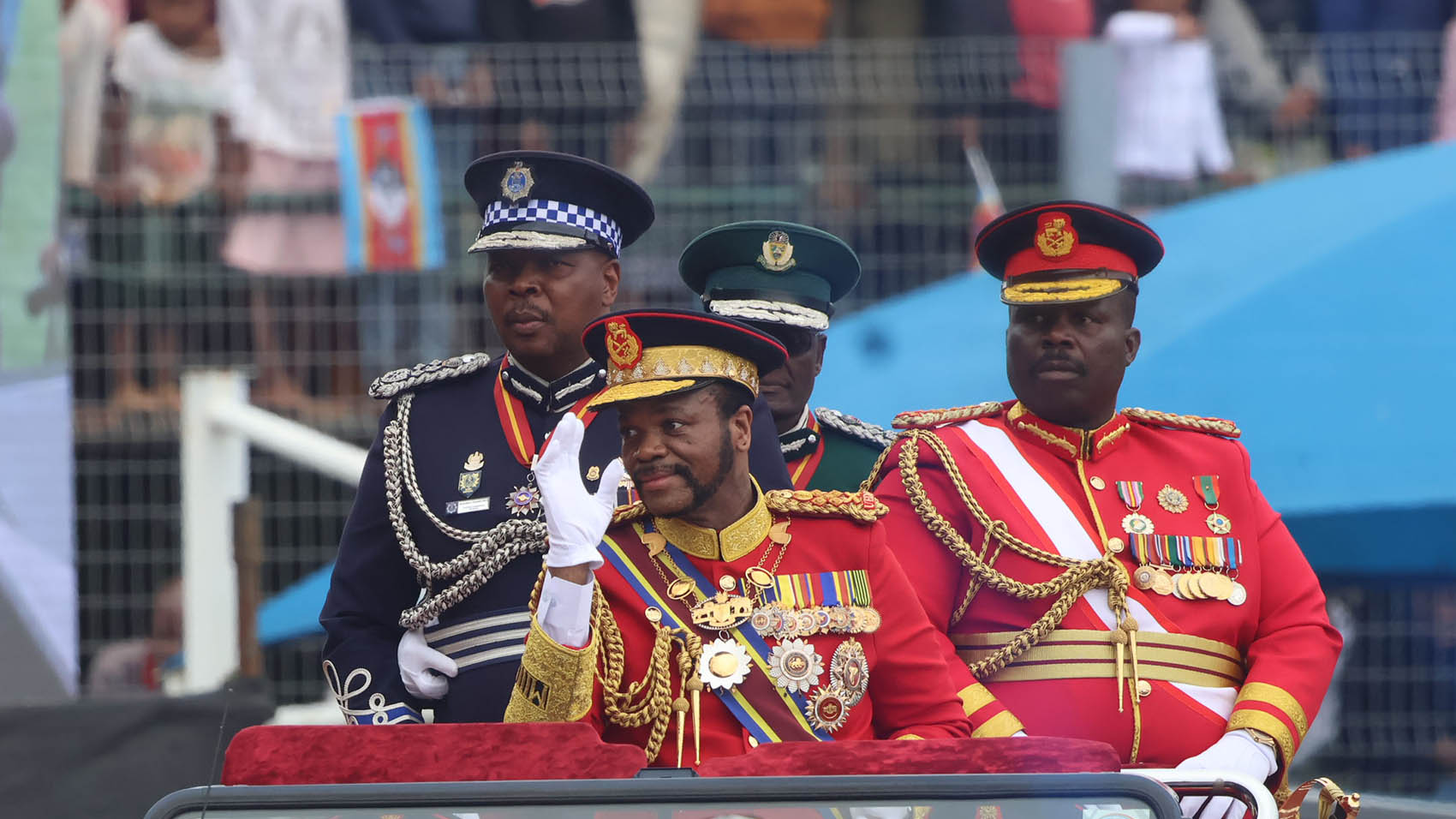 His Majesty King Mswati III waves to the nation upon his grand arrival at Somhlolo National Stadium during the historic double celebration of his birthday and Ruby Jubilee, marking 40 years of his reign on the throne of the Kingdom of Eswatini. (Pic: Siphosethu Dlamini)